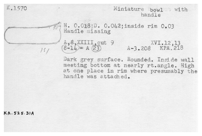 Index card with typed and handwritten information, sometimes including a sketch, of pottery from an excavation.