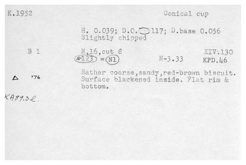 Index card with typed and handwritten information, sometimes including a sketch, of pottery from an excavation.