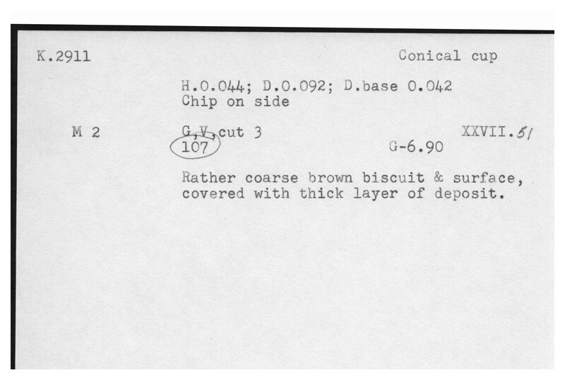 Index card with typed and handwritten information, sometimes including a sketch, of pottery from an excavation.