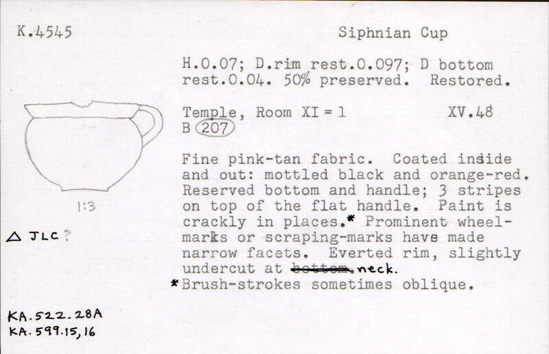 Index card with typed and handwritten information, sometimes including a sketch, of pottery from an excavation.