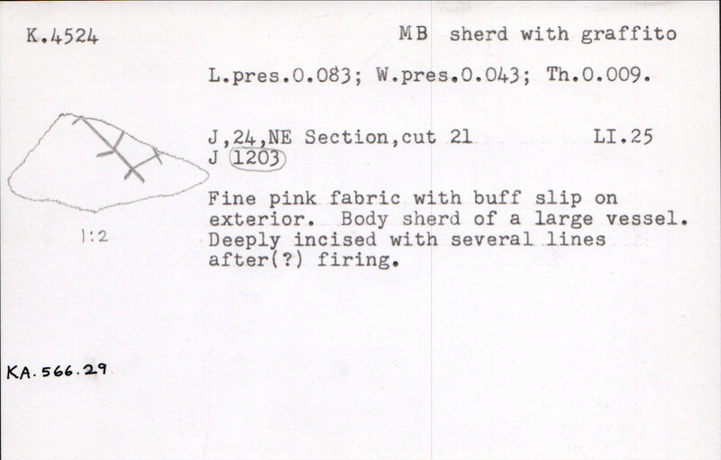 Index card with typed and handwritten information, sometimes including a sketch, of pottery from an excavation.