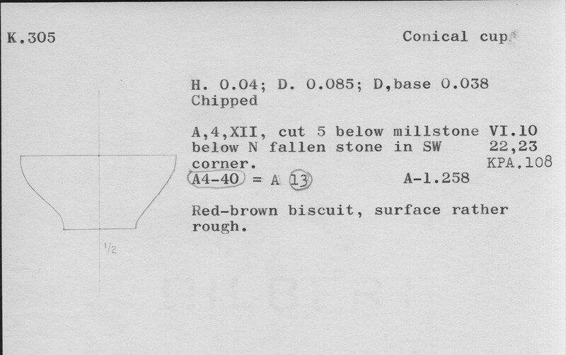 Index card with typed and handwritten information, sometimes including a sketch, of pottery from an excavation.