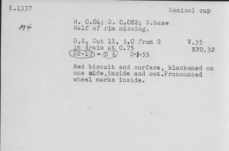 Index card with typed and handwritten information, sometimes including a sketch, of pottery from an excavation.
