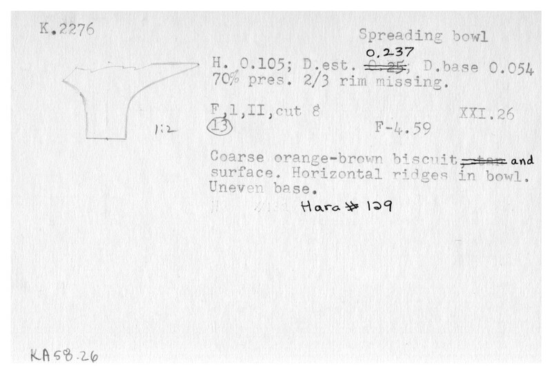 Index card with typed and handwritten information, sometimes including a sketch, of pottery from an excavation.