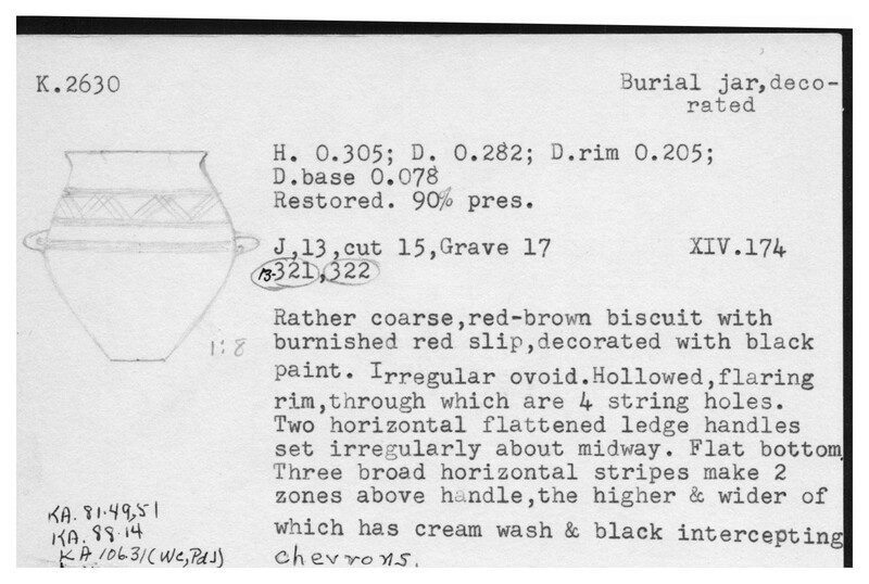 Index card with typed and handwritten information, sometimes including a sketch, of pottery from an excavation.