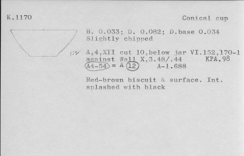 Index card with typed and handwritten information, sometimes including a sketch, of pottery from an excavation.