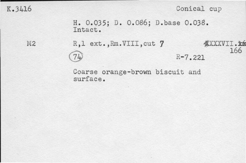 Index card with typed and handwritten information, sometimes including a sketch, of pottery from an excavation.