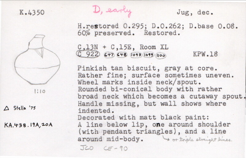 Index card with typed and handwritten information, sometimes including a sketch, of pottery from an excavation.