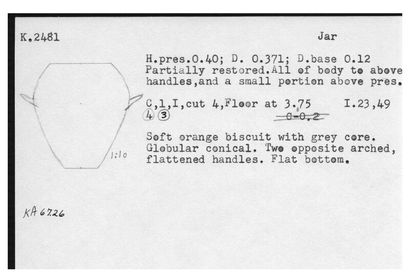 Index card with typed and handwritten information, sometimes including a sketch, of pottery from an excavation.