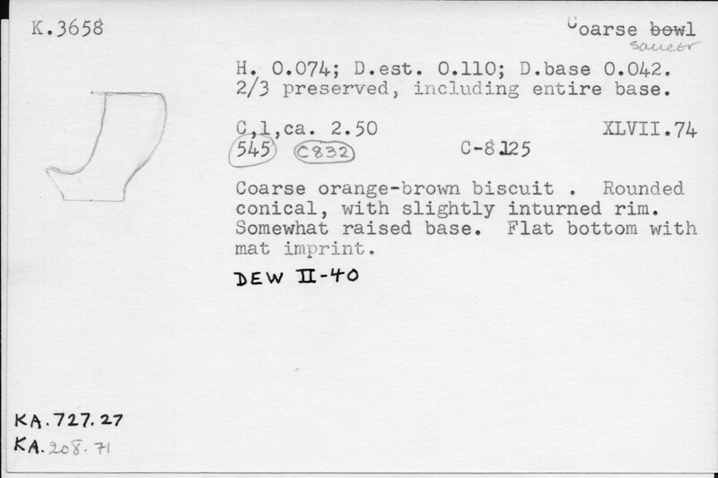 Index card with typed and handwritten information, sometimes including a sketch, of pottery from an excavation.
