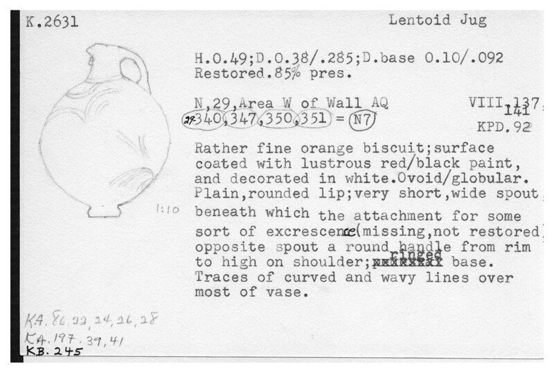 Index card with typed and handwritten information, sometimes including a sketch, of pottery from an excavation.
