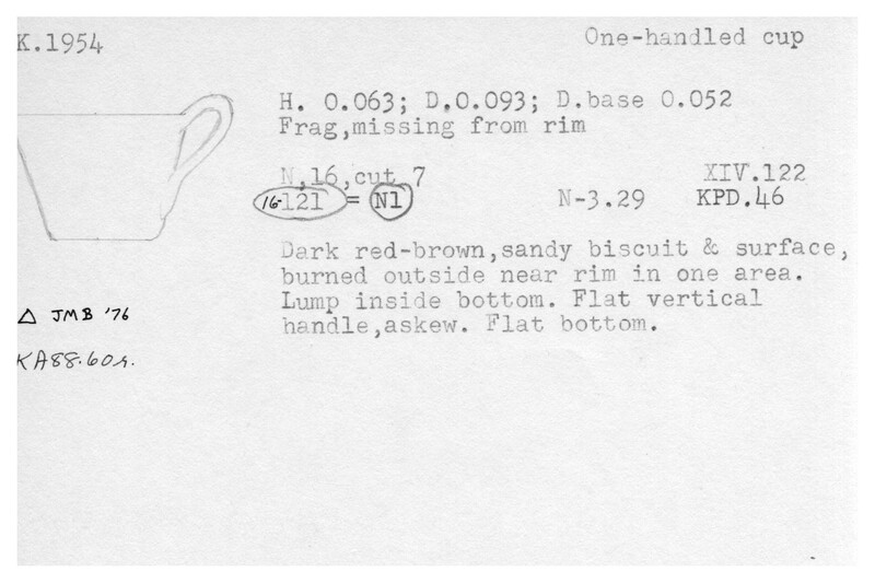 Index card with typed and handwritten information, sometimes including a sketch, of pottery from an excavation.