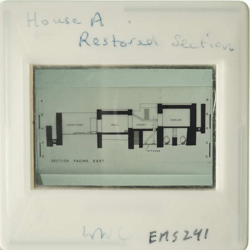 Black and white architectural drawing on a clear plastic mount with handwritten notes.