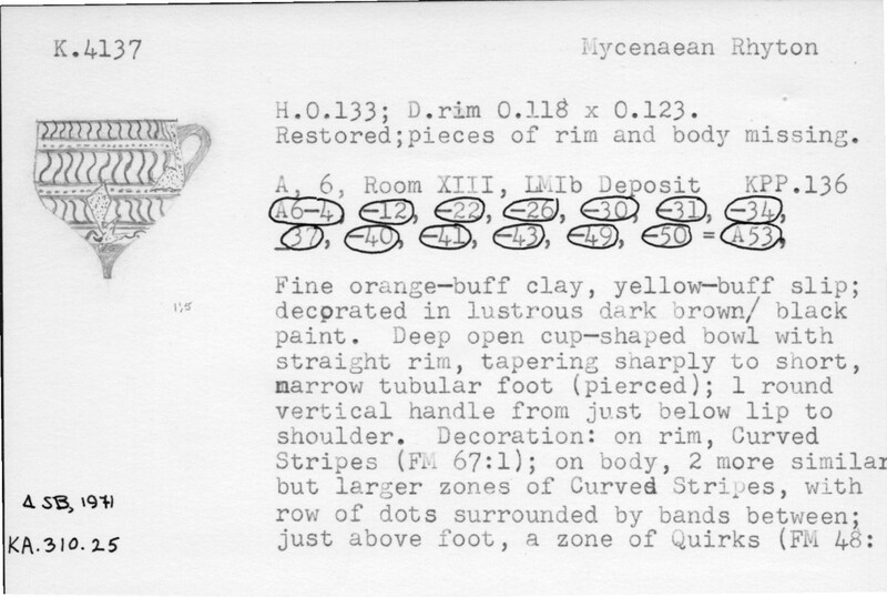 Index card with typed and handwritten information, sometimes including a sketch, of pottery from an excavation.