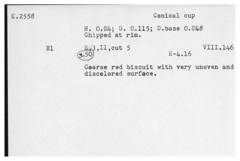 Index card with typed and handwritten information, sometimes including a sketch, of pottery from an excavation.