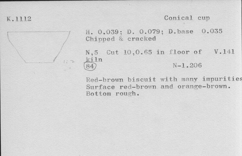 Index card with typed and handwritten information, sometimes including a sketch, of pottery from an excavation.