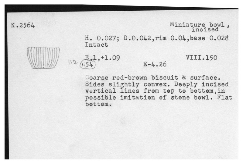 Index card with typed and handwritten information, sometimes including a sketch, of pottery from an excavation.