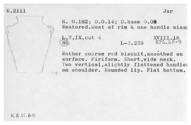 Index card with typed and handwritten information, sometimes including a sketch, of pottery from an excavation.