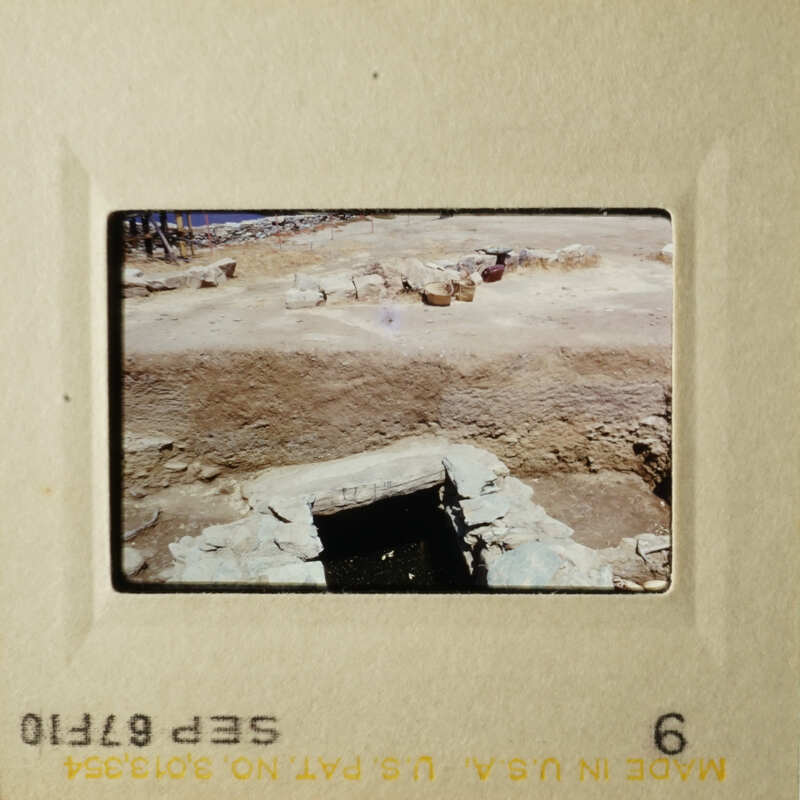 This is an image of two photos, one showing a dirt field and the other a stone structure.