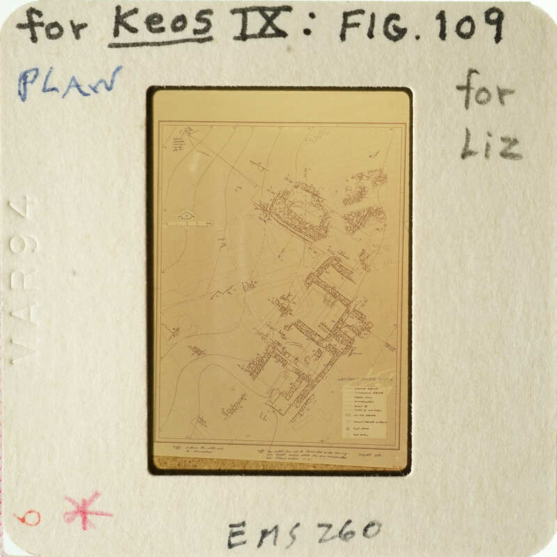 Old map displayed on a slide with handwritten notes and labels.