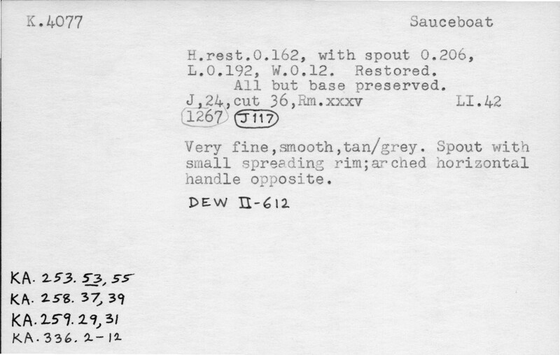 Index card with typed and handwritten information, sometimes including a sketch, of pottery from an excavation.