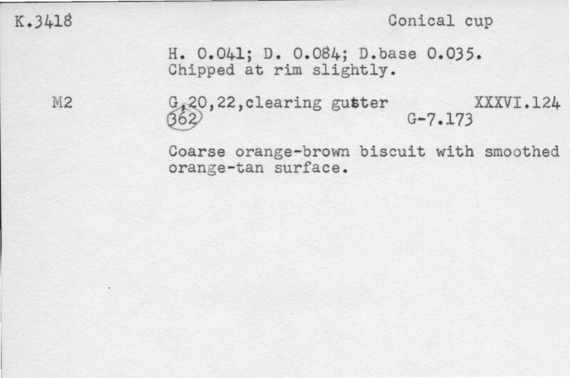 Index card with typed and handwritten information, sometimes including a sketch, of pottery from an excavation.