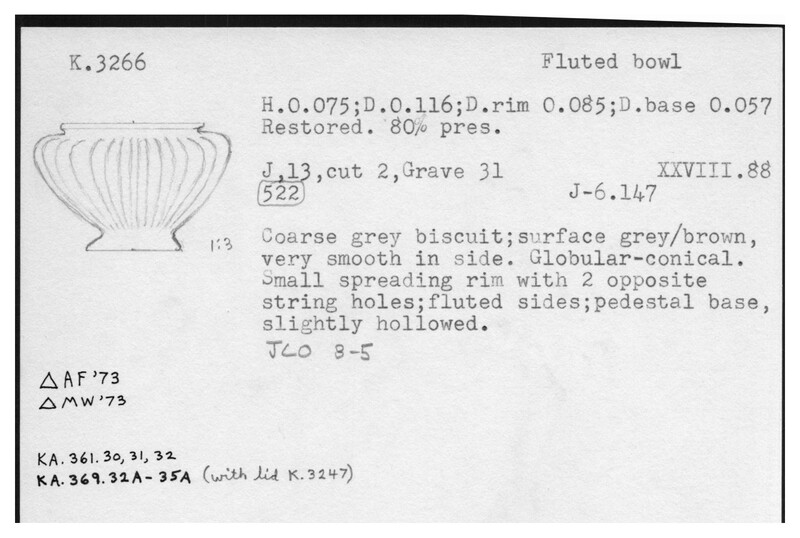 Index card with typed and handwritten information, sometimes including a sketch, of pottery from an excavation.