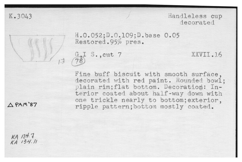Index card with typed and handwritten information, sometimes including a sketch, of pottery from an excavation.