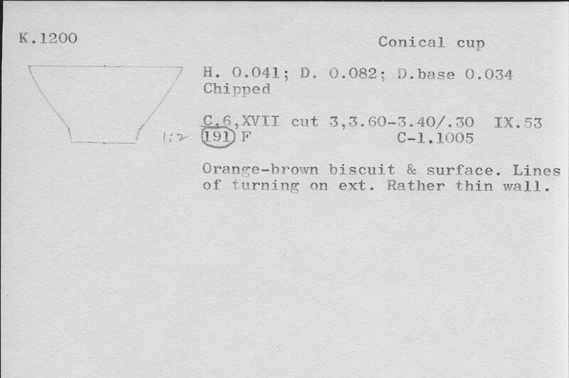Index card with typed and handwritten information, sometimes including a sketch, of pottery from an excavation.