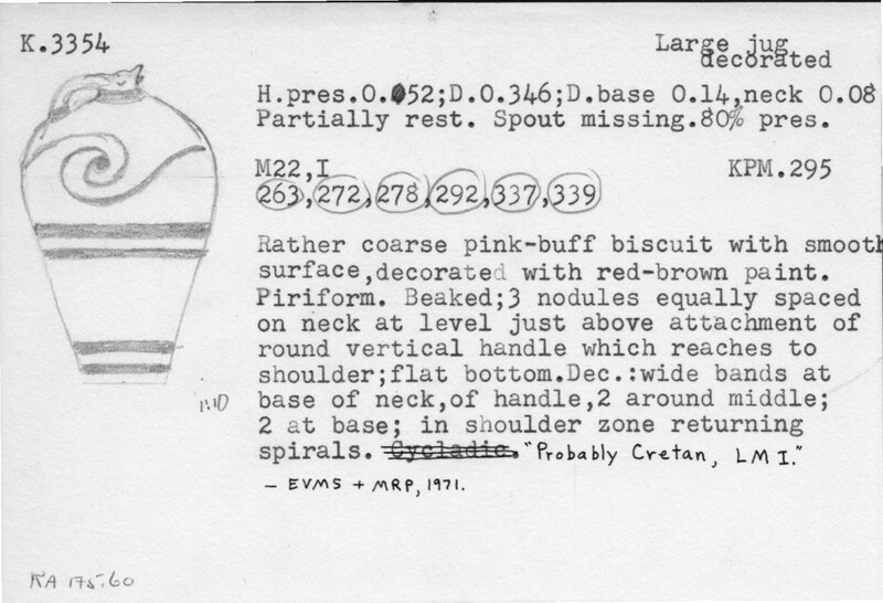 Index card with typed and handwritten information, sometimes including a sketch, of pottery from an excavation.