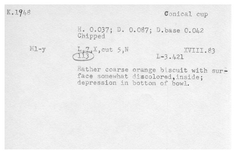 Index card with typed and handwritten information, sometimes including a sketch, of pottery from an excavation.