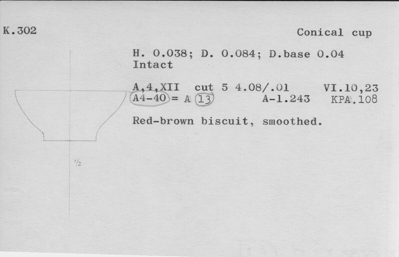Index card with typed and handwritten information, sometimes including a sketch, of pottery from an excavation.