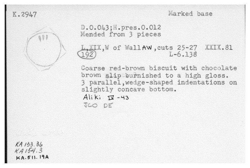 Index card with typed and handwritten information, sometimes including a sketch, of pottery from an excavation.