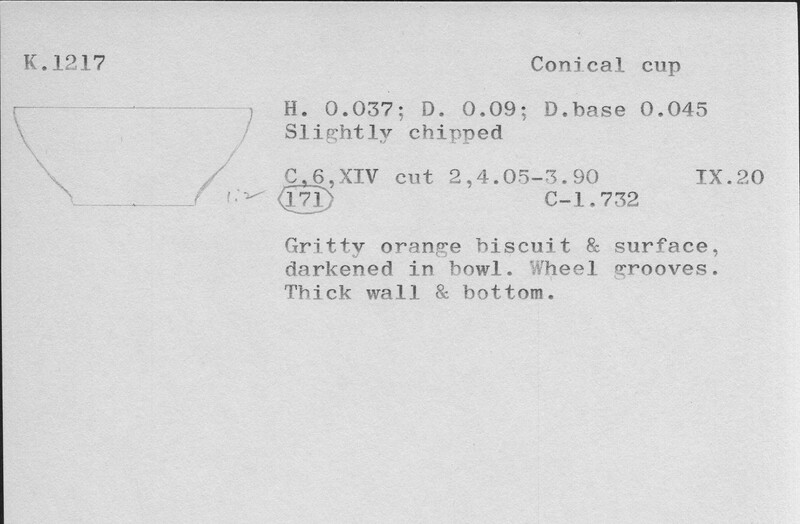 Index card with typed and handwritten information, sometimes including a sketch, of pottery from an excavation.