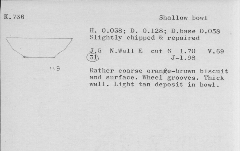 Index card with typed and handwritten information, sometimes including a sketch, of pottery from an excavation.