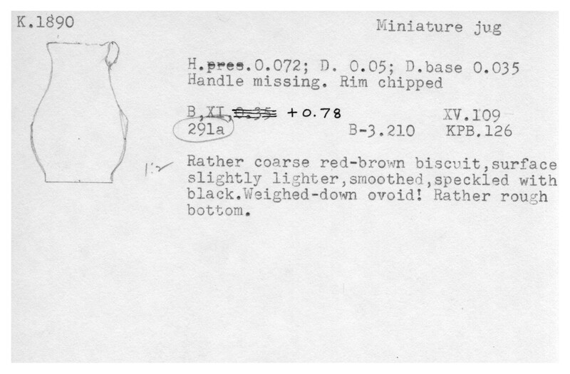 Index card with typed and handwritten information, sometimes including a sketch, of pottery from an excavation.