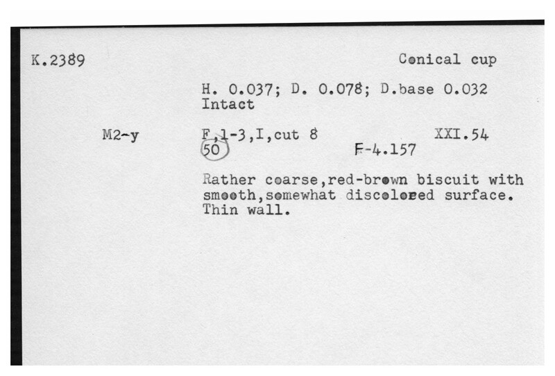 Index card with typed and handwritten information, sometimes including a sketch, of pottery from an excavation.