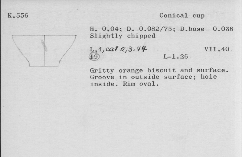 Index card with typed and handwritten information, sometimes including a sketch, of pottery from an excavation.