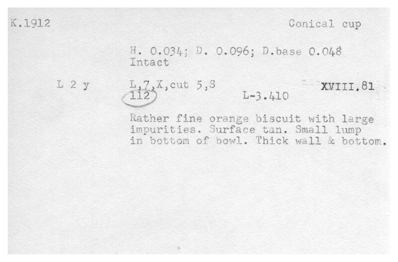 Index card with typed and handwritten information, sometimes including a sketch, of pottery from an excavation.