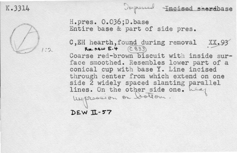 Index card with typed and handwritten information, sometimes including a sketch, of pottery from an excavation.