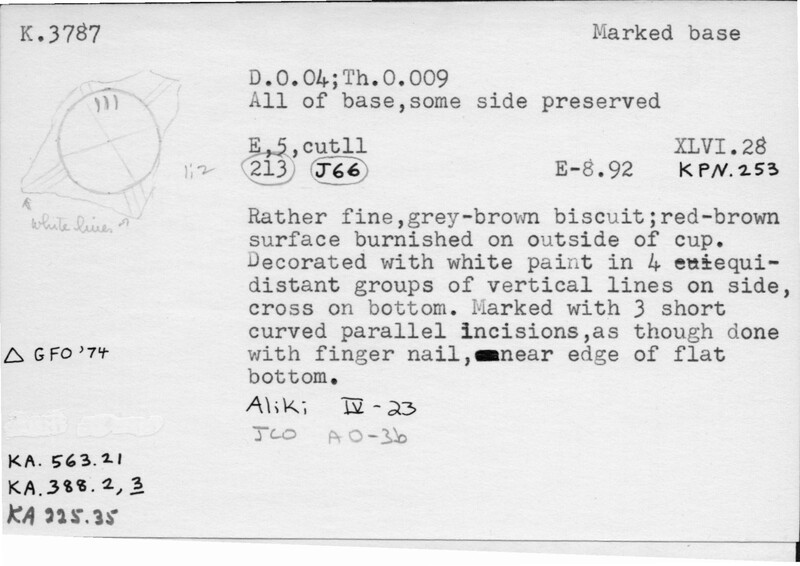 Index card with typed and handwritten information, sometimes including a sketch, of pottery from an excavation.