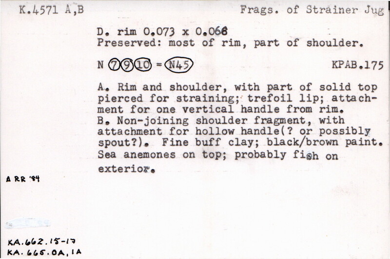Index card with typed and handwritten information, sometimes including a sketch, of pottery from an excavation.