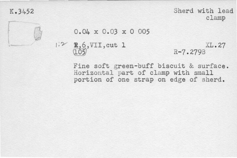 Index card with typed and handwritten information, sometimes including a sketch, of pottery from an excavation.