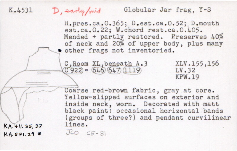 Index card with typed and handwritten information, sometimes including a sketch, of pottery from an excavation.