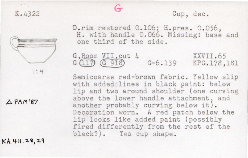Index card with typed and handwritten information, sometimes including a sketch, of pottery from an excavation.