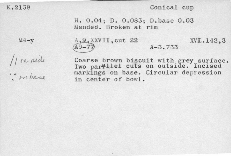 Index card with typed and handwritten information, sometimes including a sketch, of pottery from an excavation.