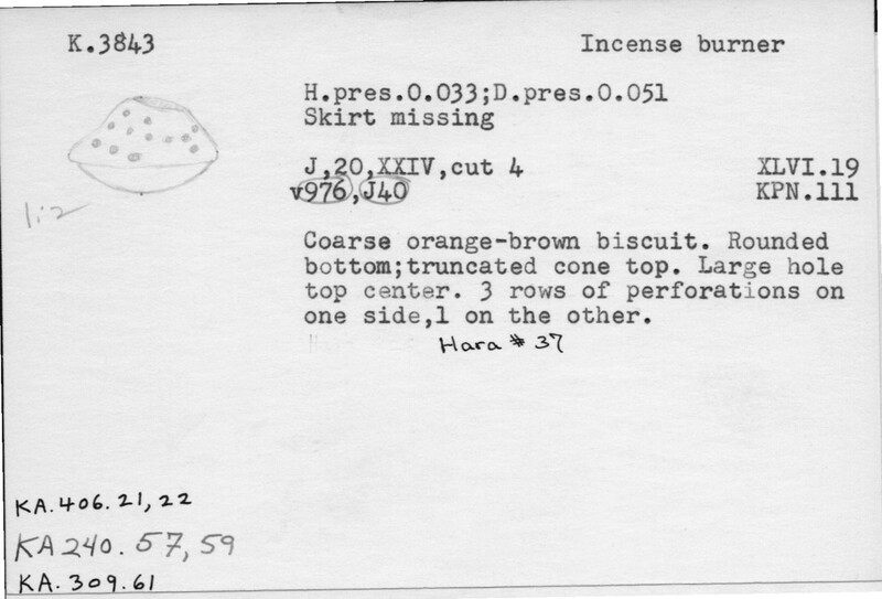 Index card with typed and handwritten information, sometimes including a sketch, of pottery from an excavation.