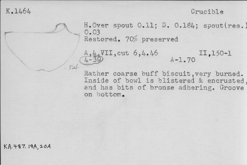 Index card with typed and handwritten information, sometimes including a sketch, of pottery from an excavation.
