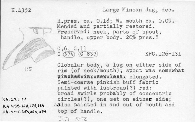 Index card with typed and handwritten information, sometimes including a sketch, of pottery from an excavation.
