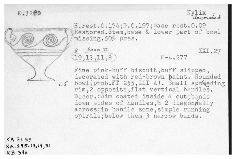 Index card with typed and handwritten information, sometimes including a sketch, of pottery from an excavation.